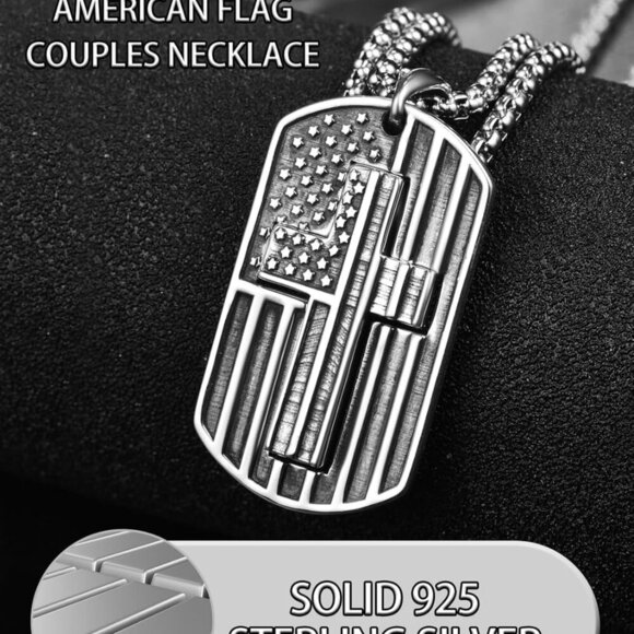 American Flag Cross Necklace for Couples Sterling Silver Patriotic Cross Dog Tag - Picture 3 of 6